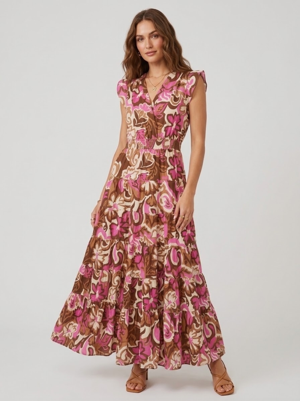 Cynthia Steffe Pink and Brown Floral Tiered Maxi Dress